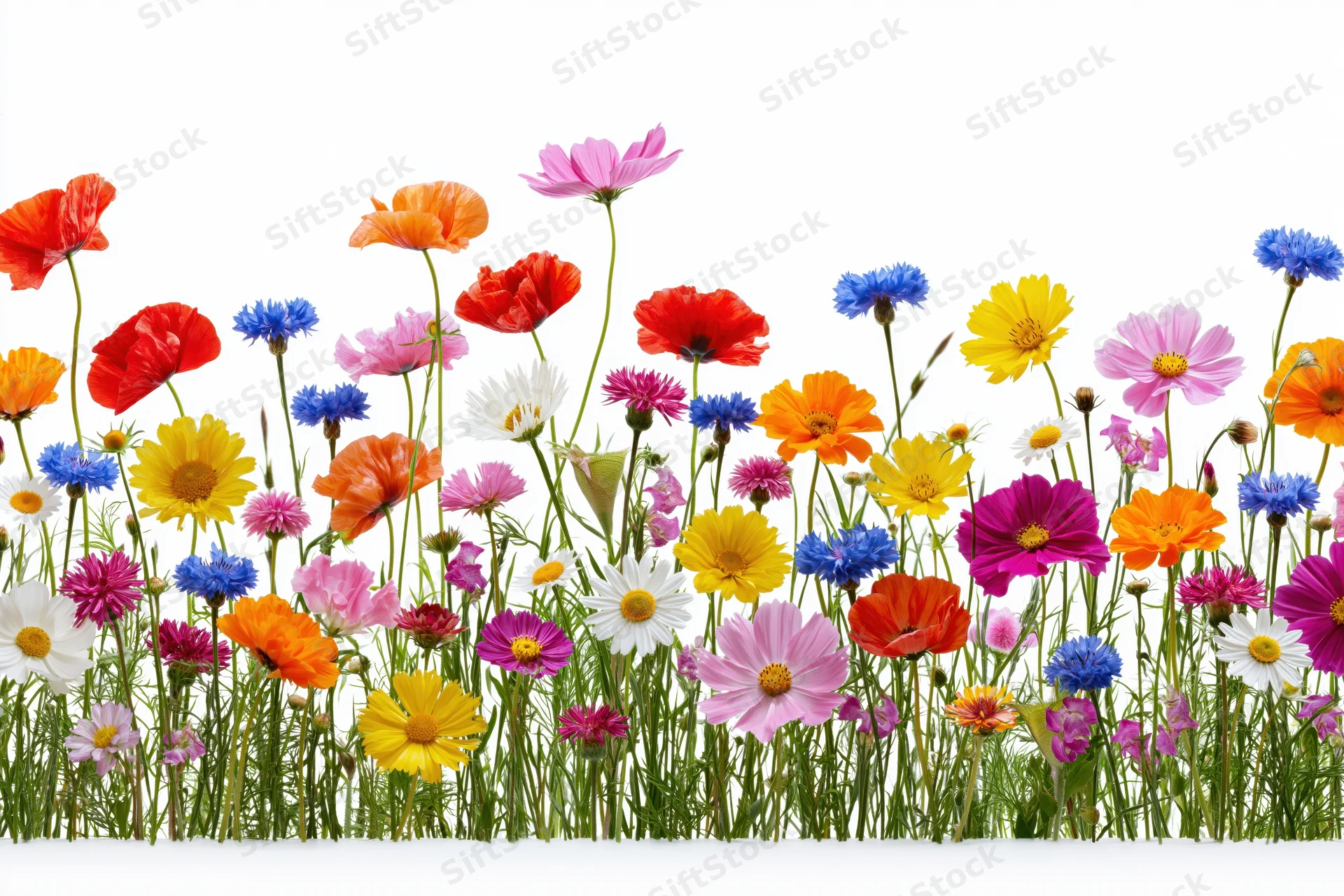 A dense row of mixed wildflowers including poppies, cornflowers and daisies against a white background