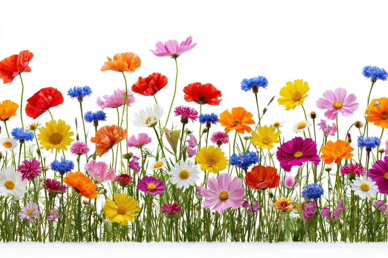 A dense row of mixed wildflowers including poppies, cornflowers and daisies against a white background