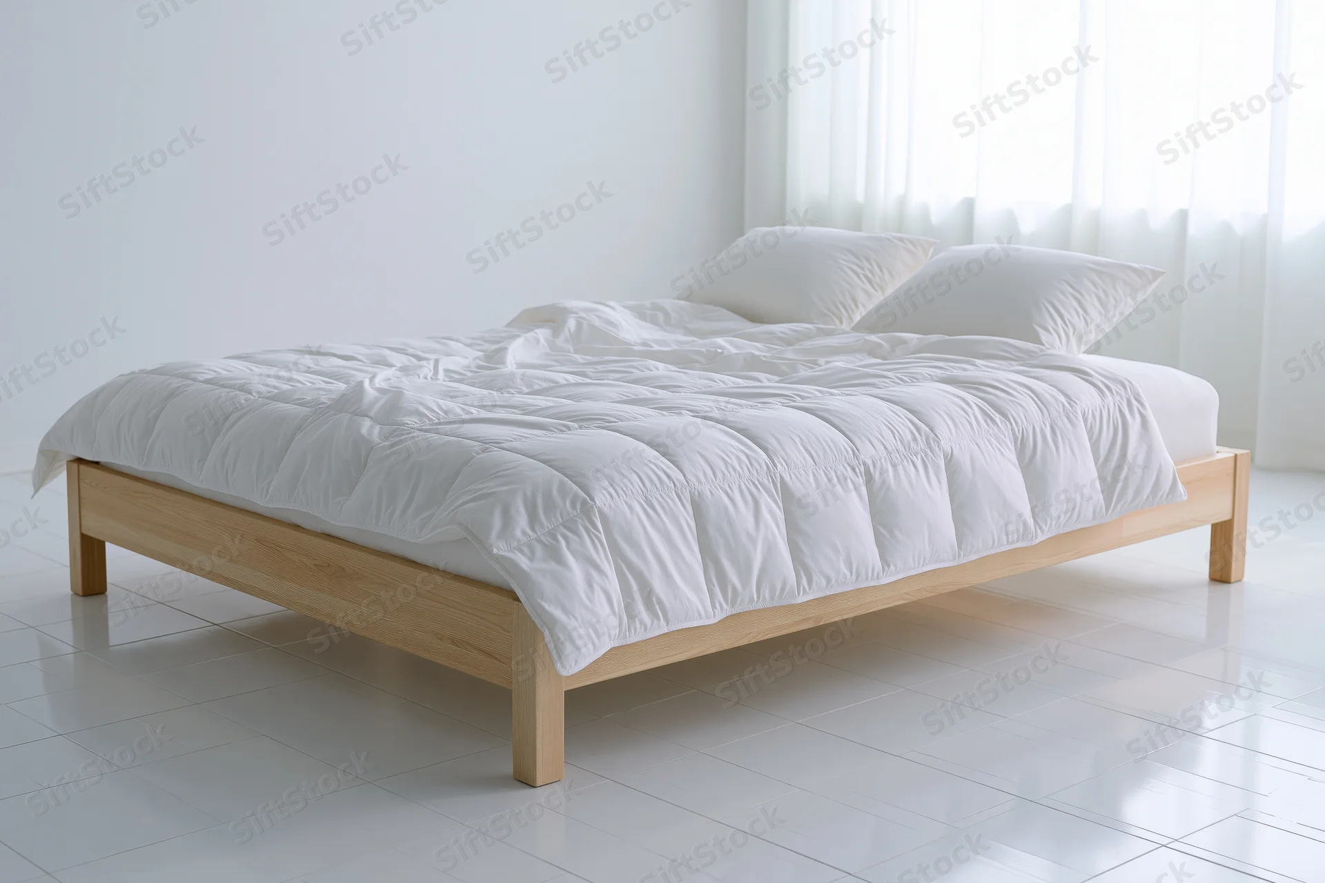 Double bed with light wooden frame and white bedding in minimalist bedroom