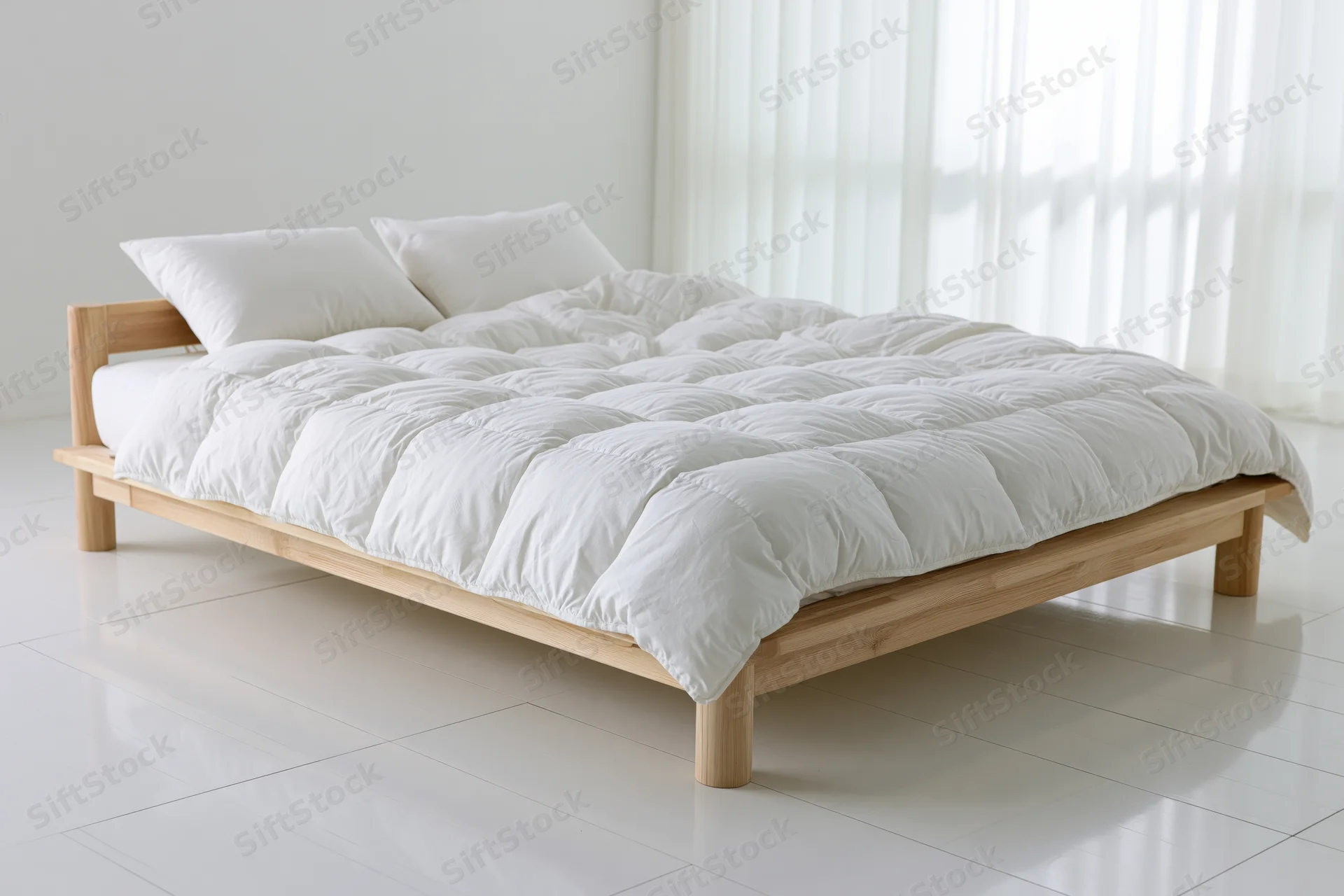 Double bed with light wooden frame and white bedding in minimalist bedroom
