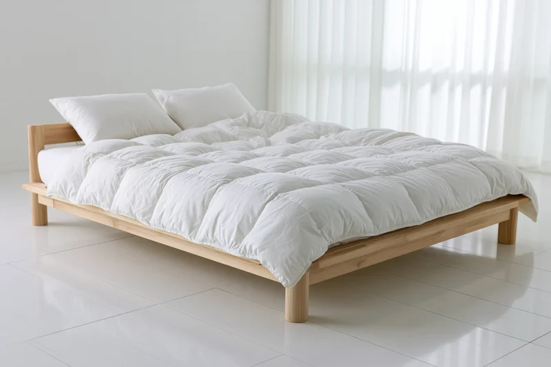 Double bed with light wooden frame and white bedding in minimalist bedroom