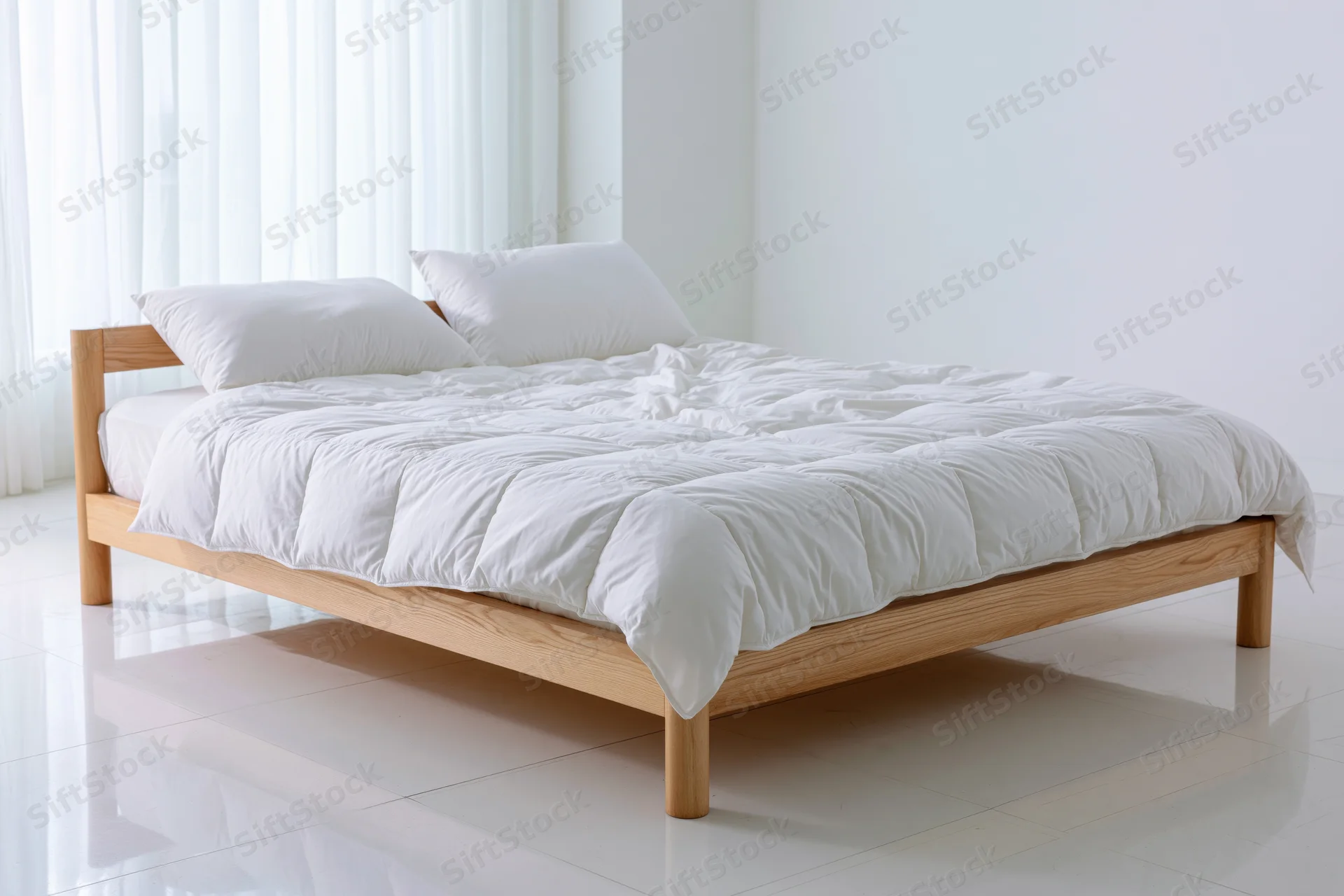 Double bed with light wooden frame and white bedding in a bright minimalist bedroom
