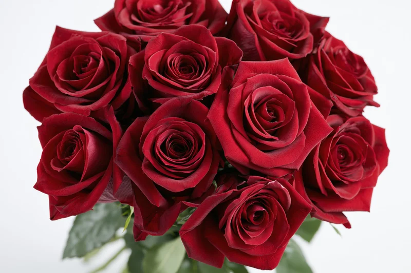 A loose bunch of deep red roses arranged in a closeup view with green stems and leaves against white background