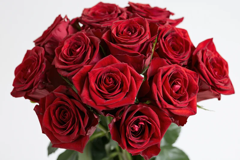 A dozen deep red roses arranged in a loose bunch viewed from above against a white background