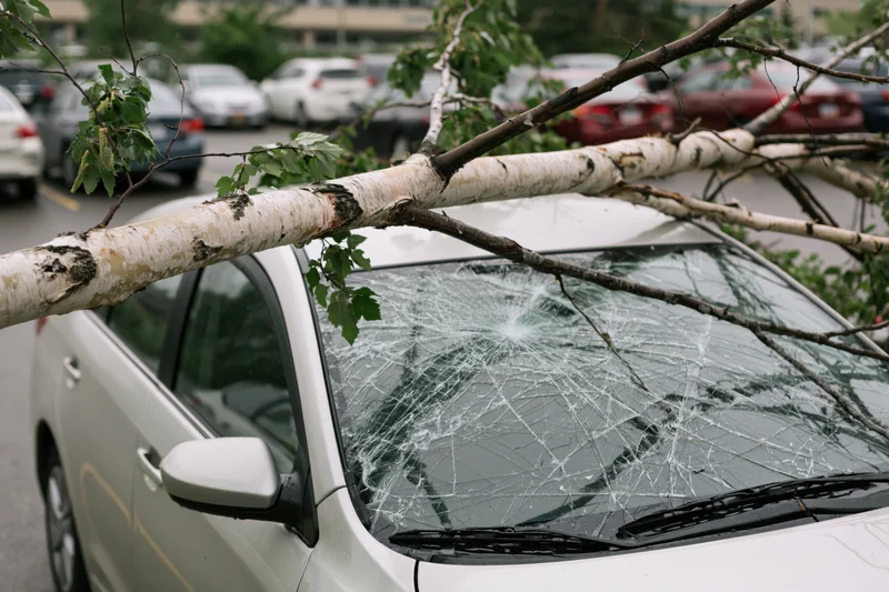 Fallen birch tree resting across white car's roof and shattered windshield in parking lot