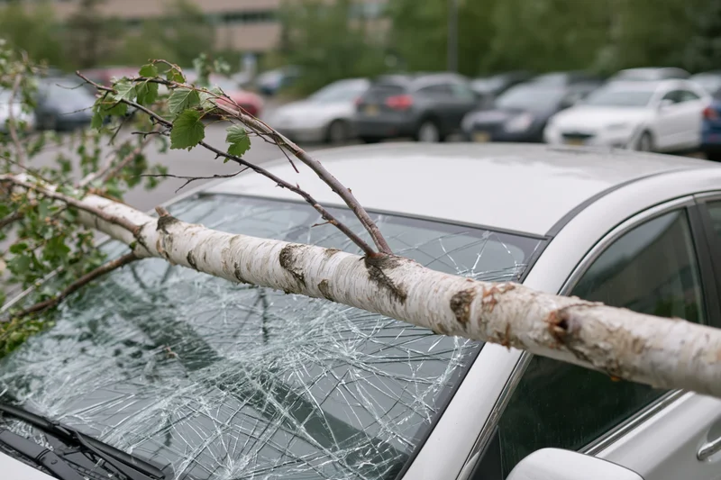 Fallen birch tree resting across white car with shattered windshield in parking lot