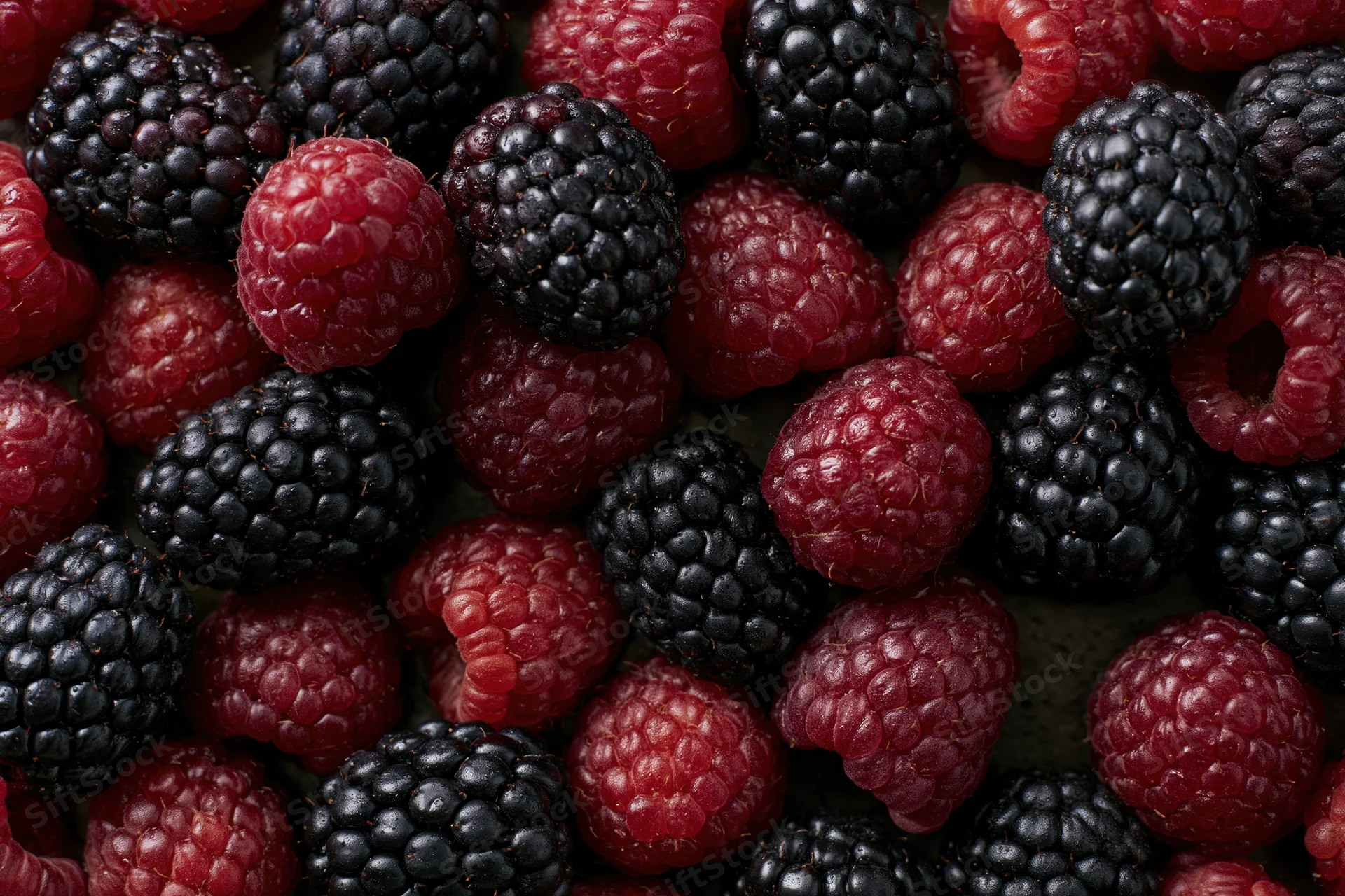 Closeup of fresh raspberries and blackberries scattered in a flat lay arrangement
