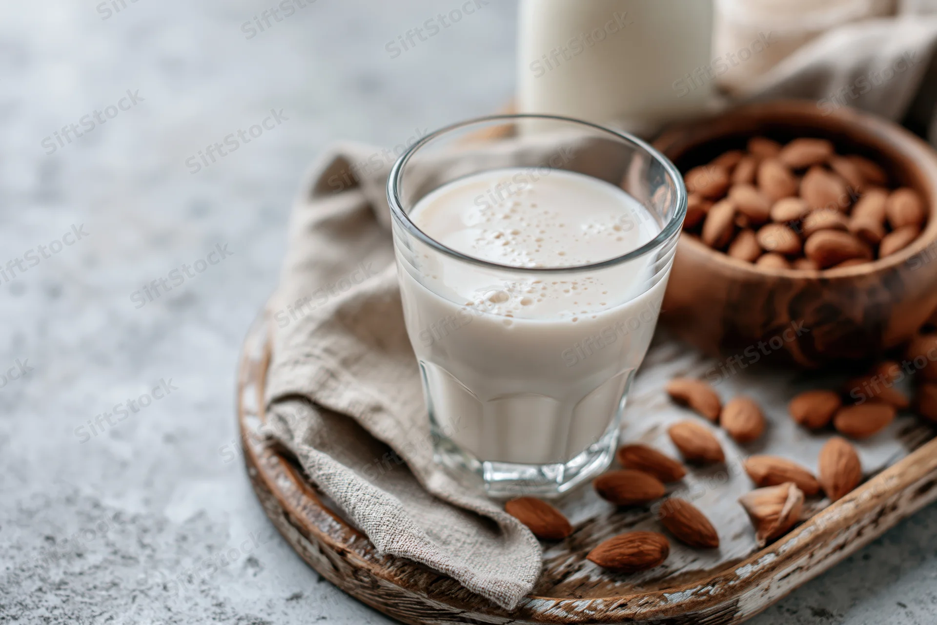 Glass of almond milk with foam on a wooden tray beside a bowl of almonds and a cloth napkin