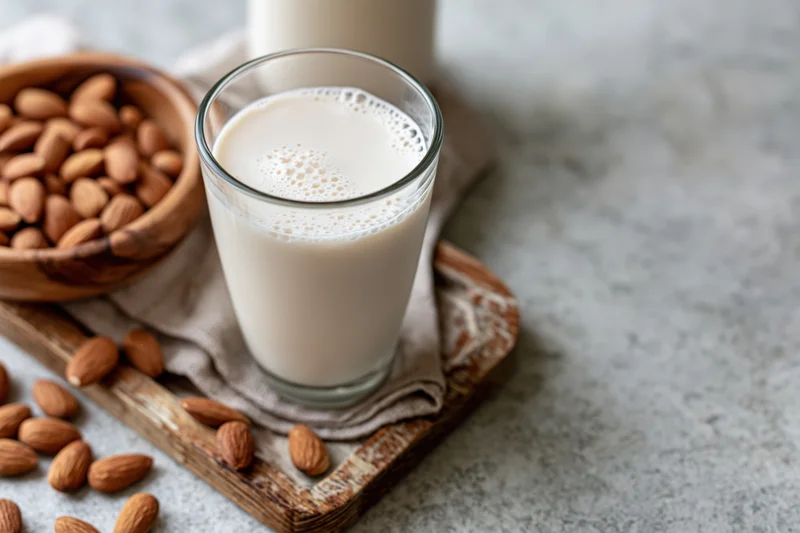 Glass of almond milk with foam on a wooden tray beside a bowl of almonds and scattered nuts on a countertop