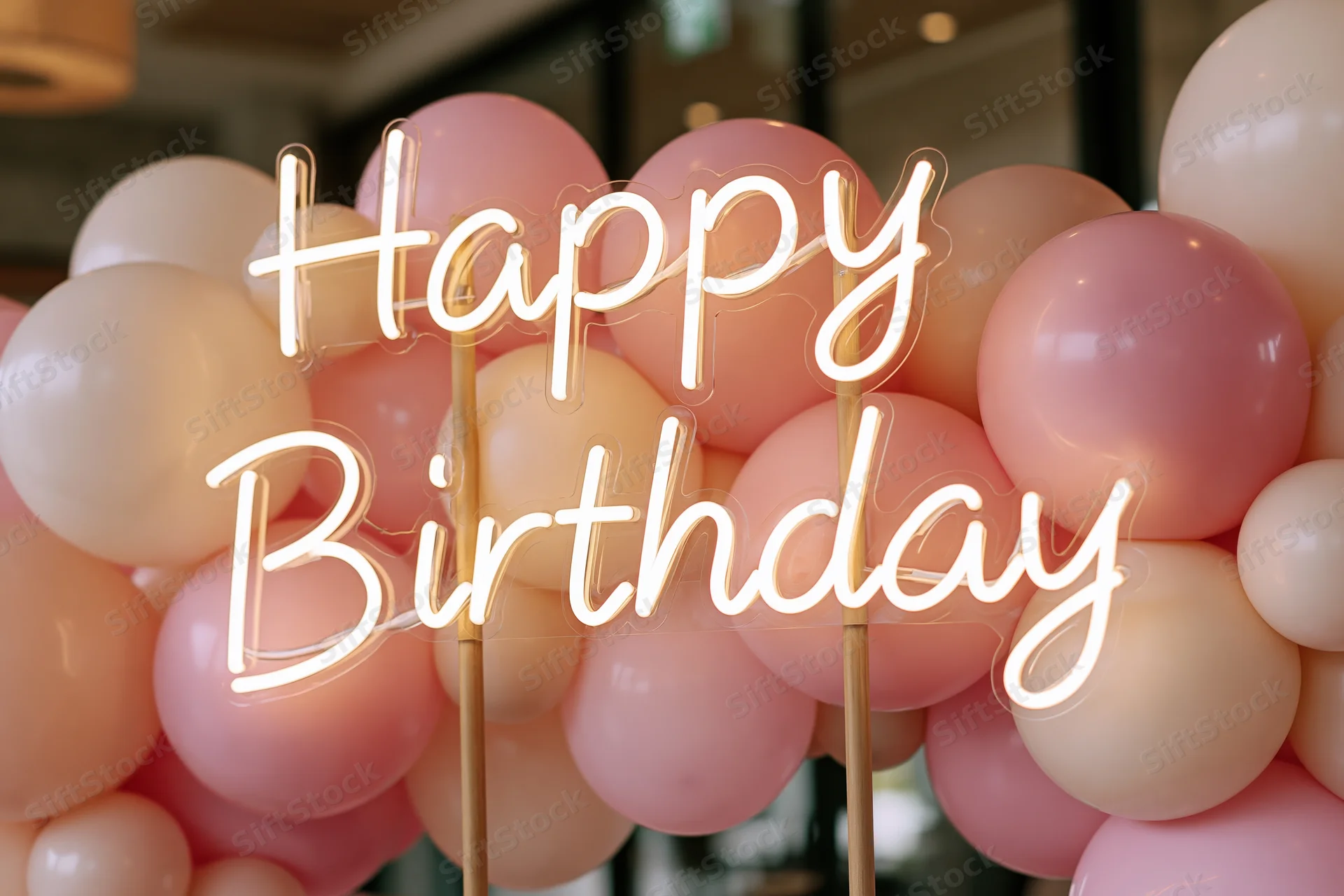 Glowing neon happy birthday sign on wooden poles in front of pink balloon arch indoors