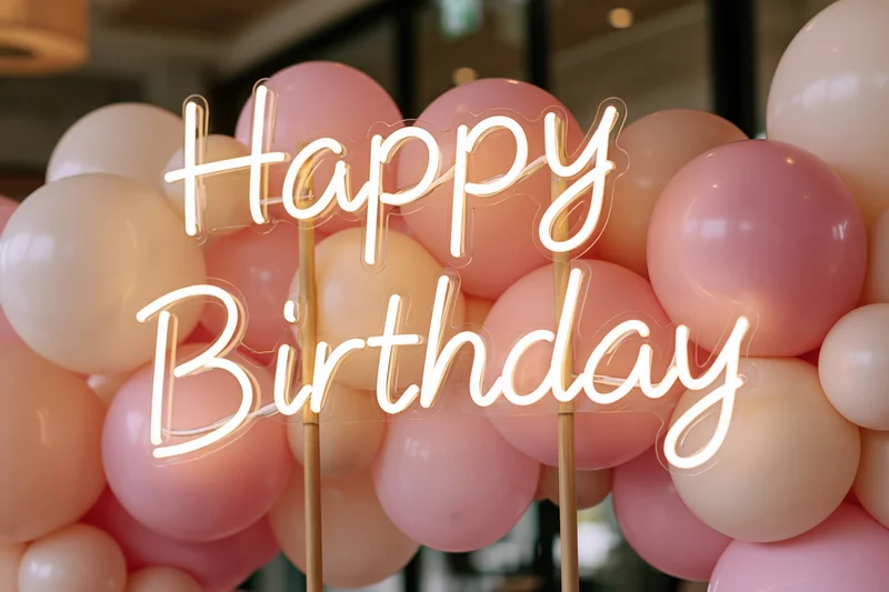 Glowing neon happy birthday sign on wooden poles in front of pink balloon arch indoors