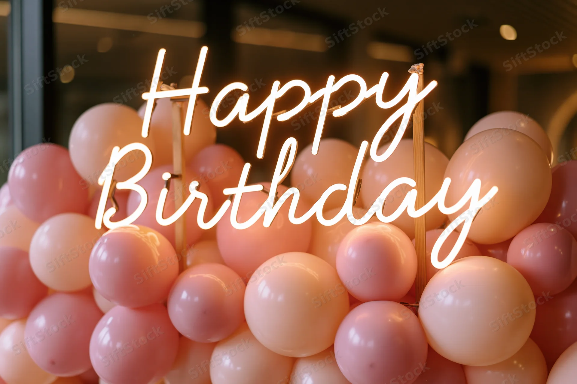 Glowing neon happy birthday sign mounted on wooden poles surrounded by pink balloons for party decoration