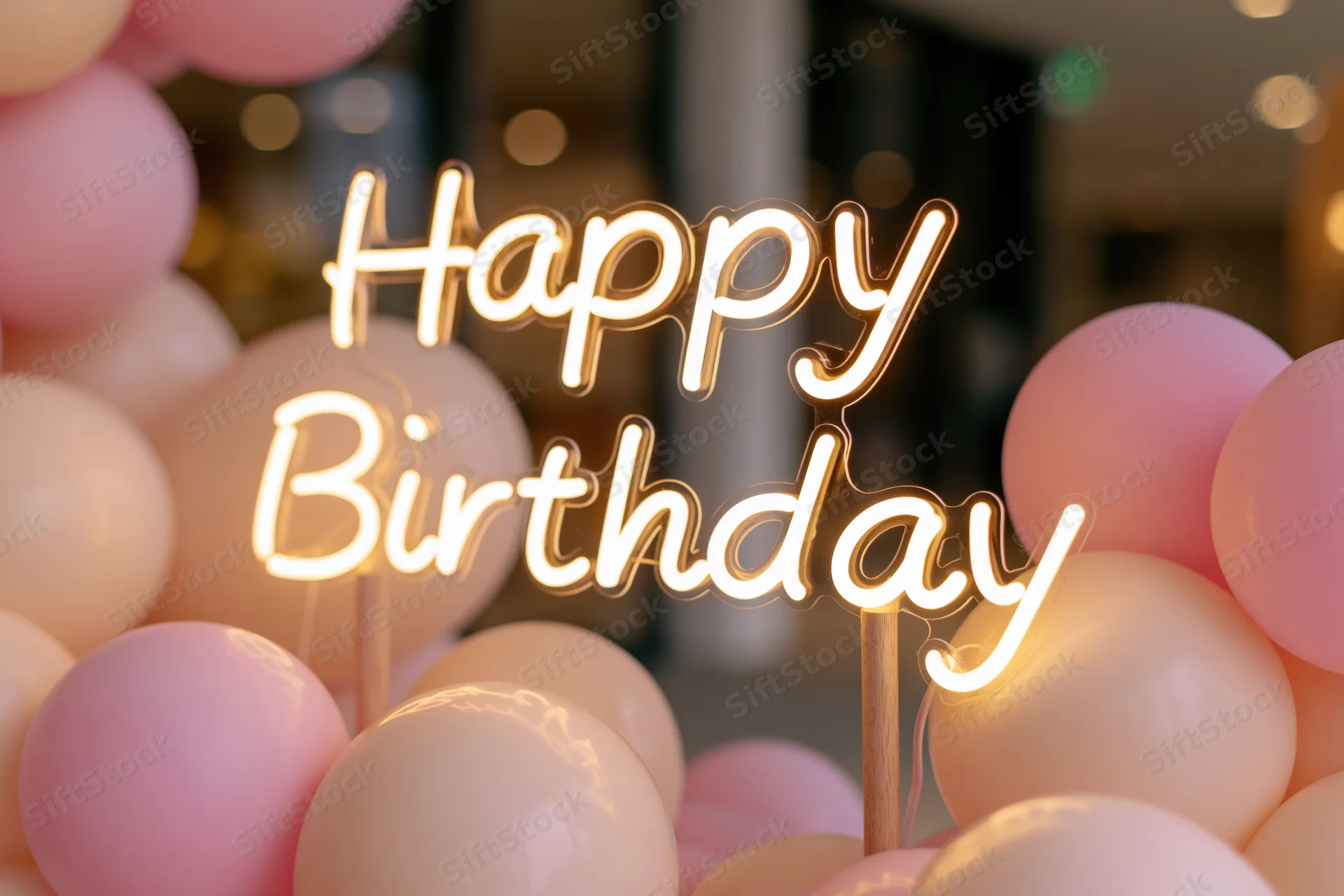 Glowing neon happy birthday sign mounted on wooden poles