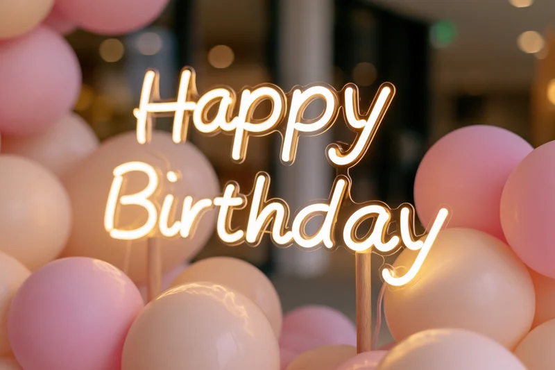 Glowing neon happy birthday sign mounted on wooden poles