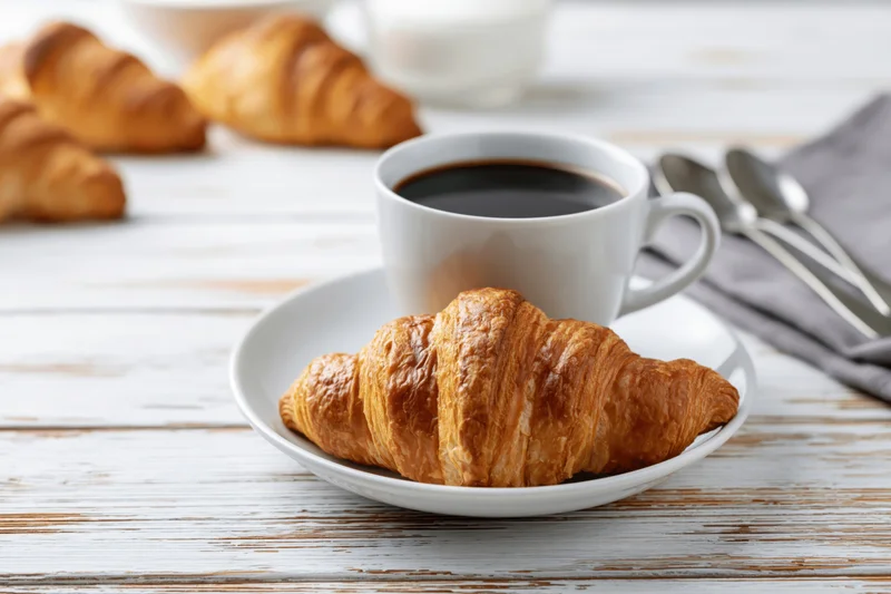 Golden-brown croissant on a white ceramic saucer with a cup of black coffee on a rustic wooden table