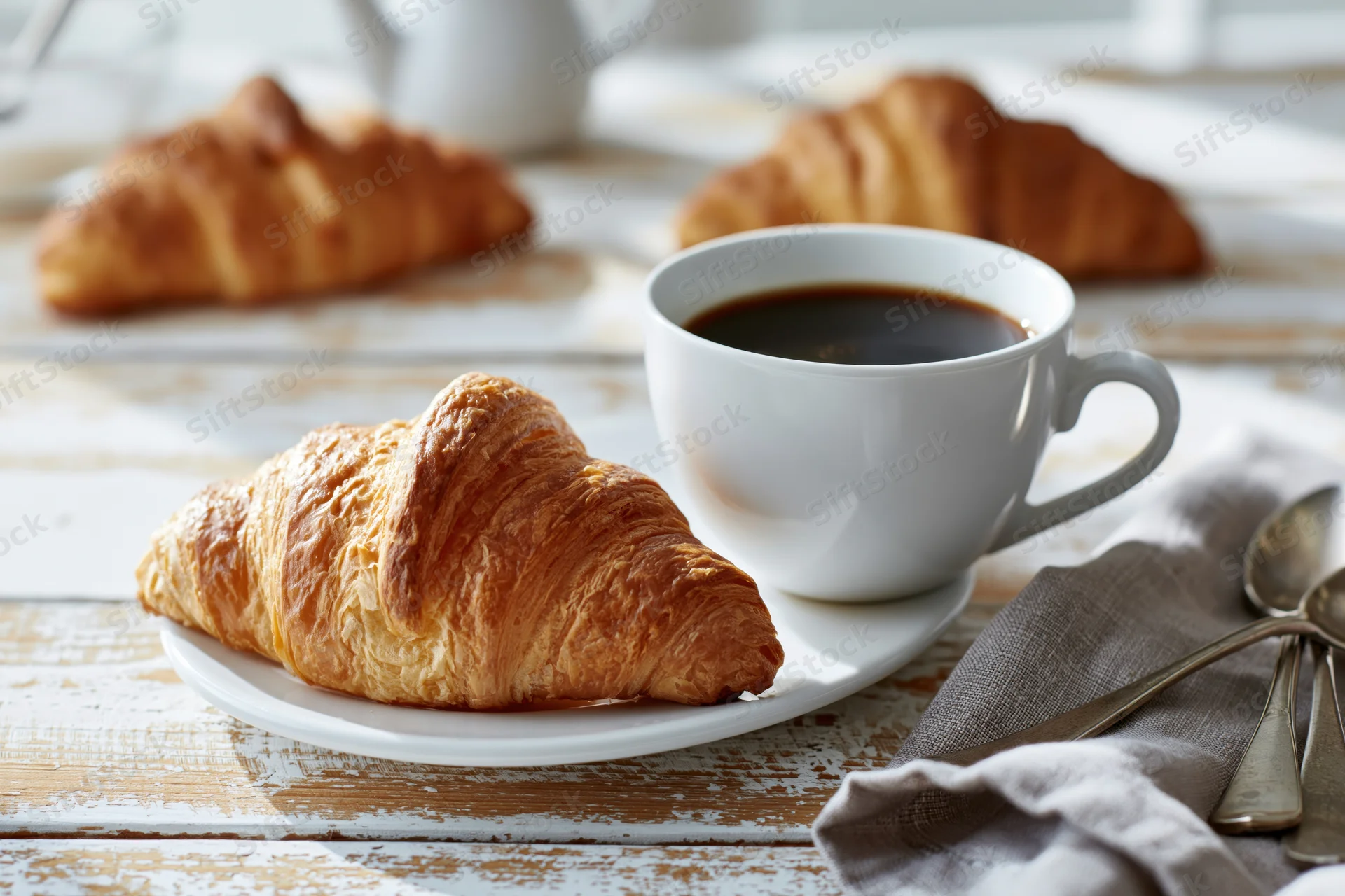 Golden-brown croissant on a white saucer beside a cup of black coffee on a rustic wooden table