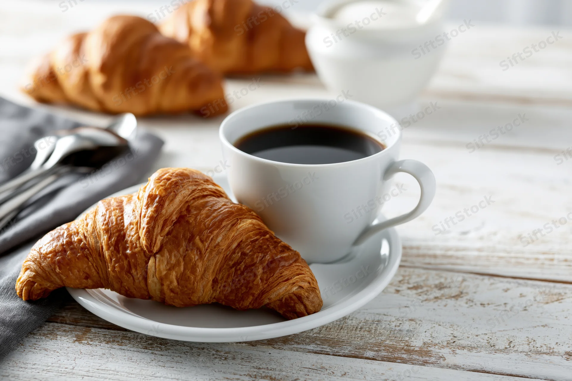 Golden-brown croissant on a white ceramic saucer with a cup of black coffee on a rustic wooden table