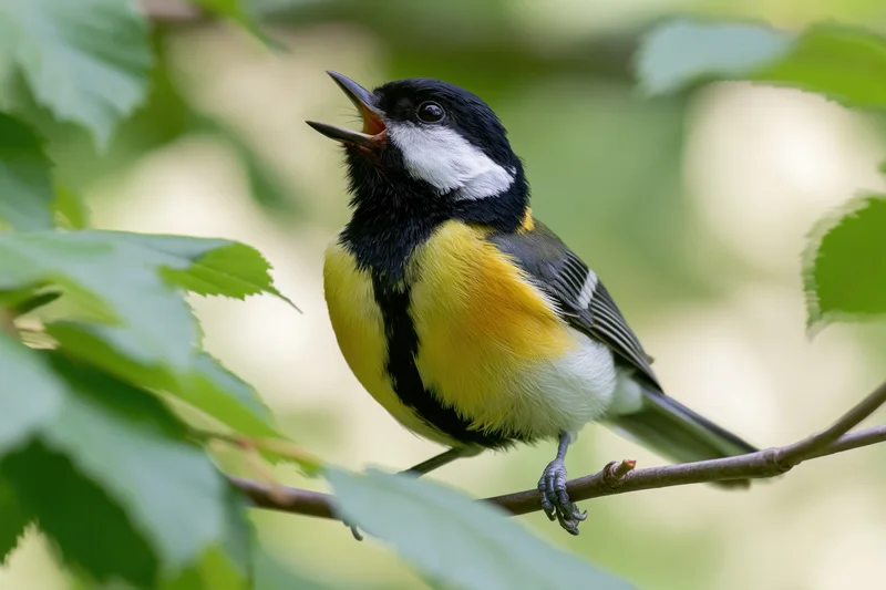 Great tit perched on a thin branch with beak open mid-song surrounded by green foliage