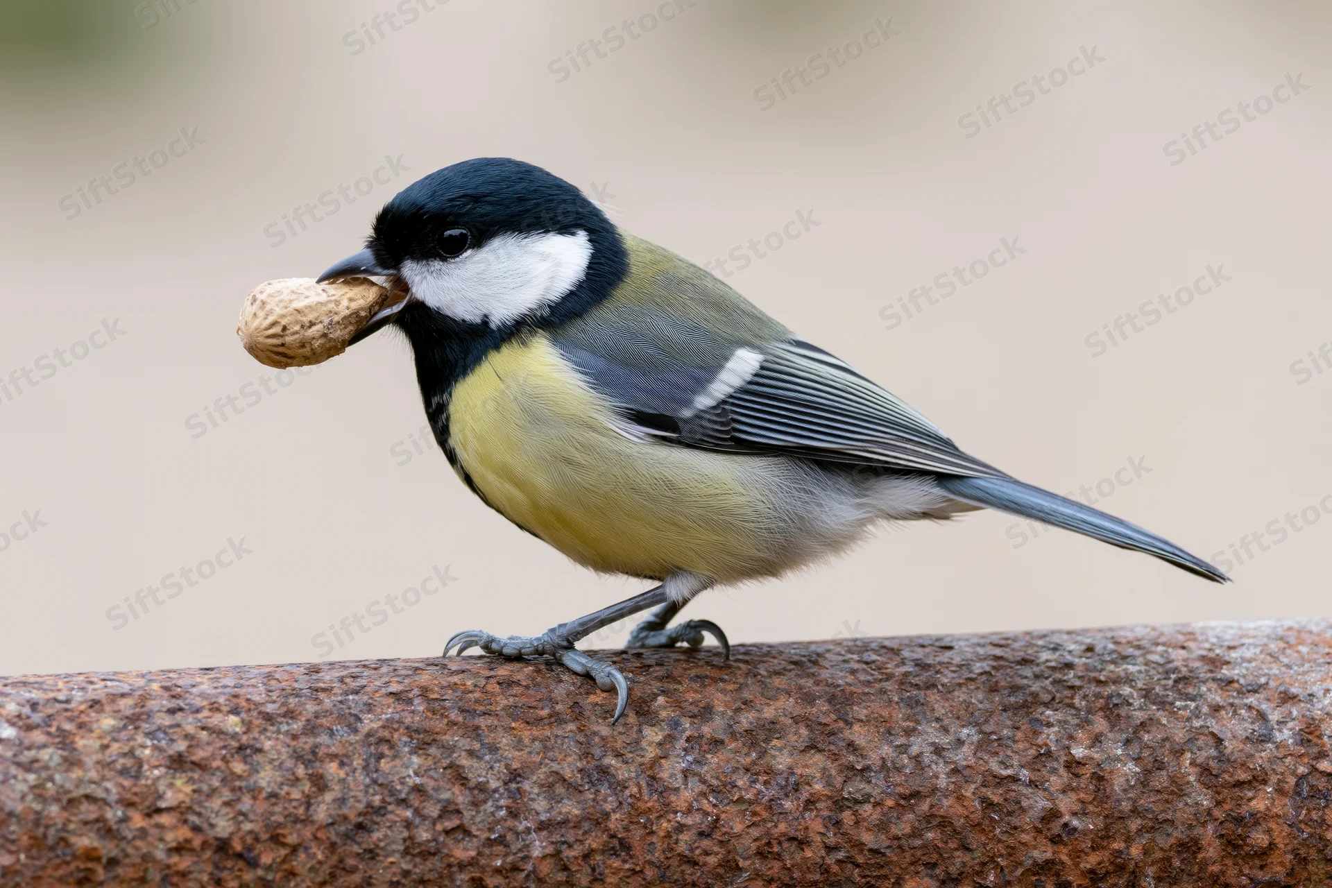 Great tit perched on rusted metal pipe holding peanut in beak