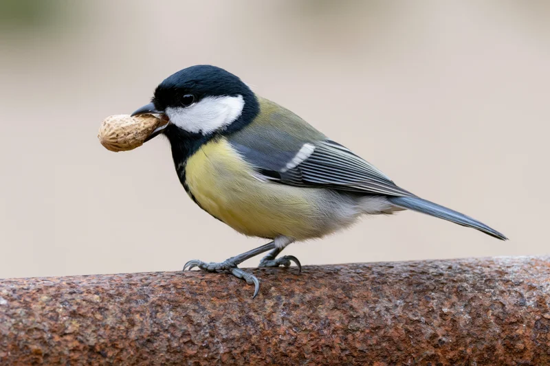 Great tit perched on rusted metal pipe holding peanut in beak
