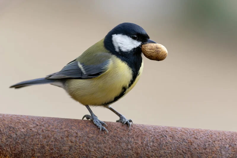 Great tit perched on rusted metal pipe holding peanut in beak