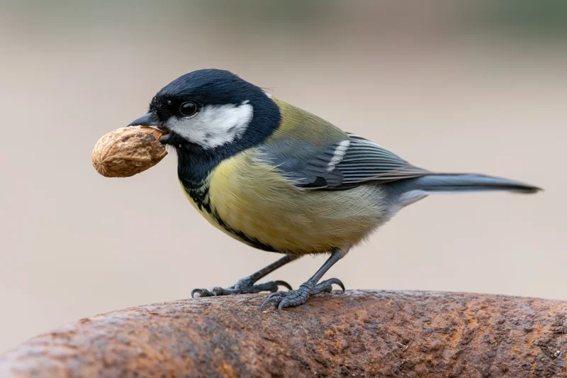 Great tit perched on rusted metal pipe holding peanut in beak