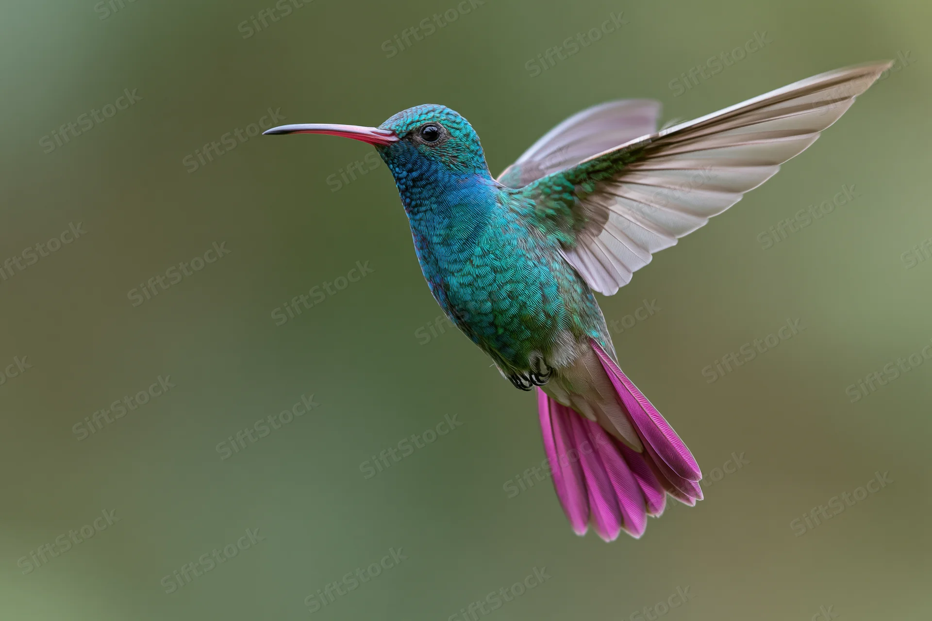 Hummingbird hovering mid-air with iridescent green and blue feathers and pink tail against a soft green background