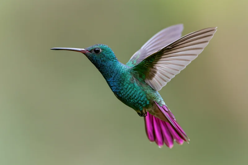 Green-and-blue iridescent hummingbird hovering midair with wings spread against a soft natural background