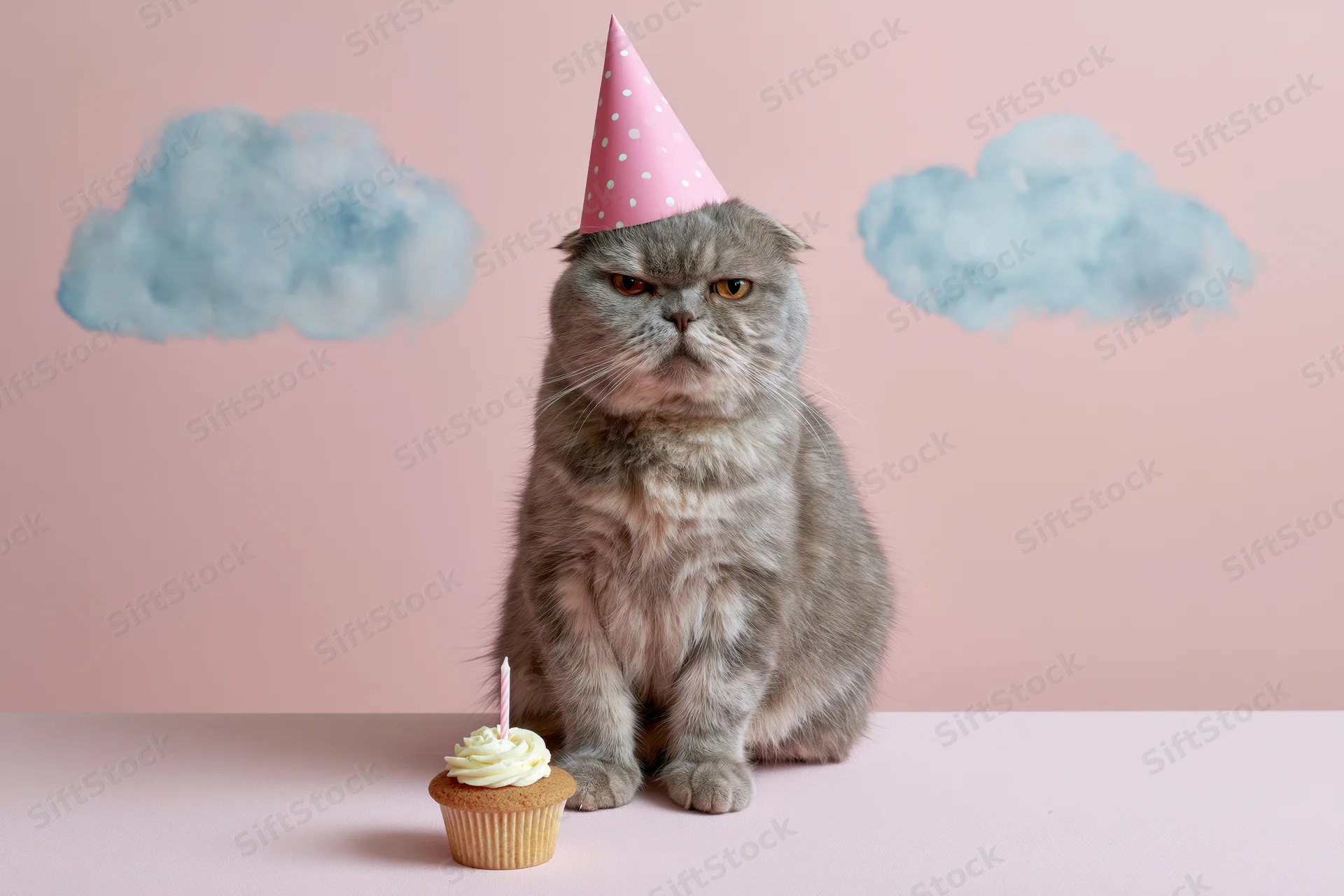 Grumpy grey scottish fold cat wearing pink party hat with cupcake and candle on pastel pink background