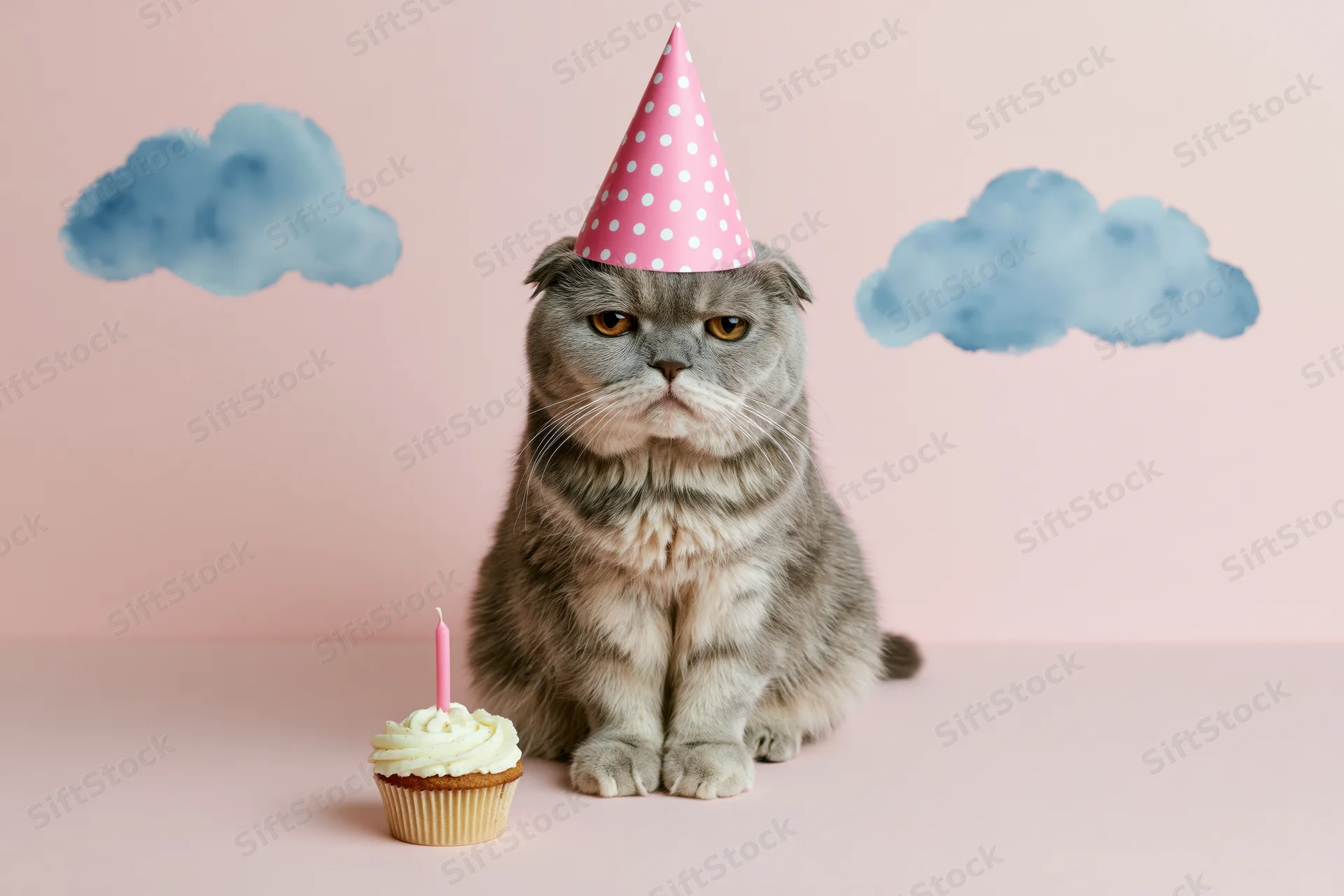 Grumpy grey scottish fold cat wearing pink polka dot party hat beside cupcake with candle on pastel pink background with painted clouds