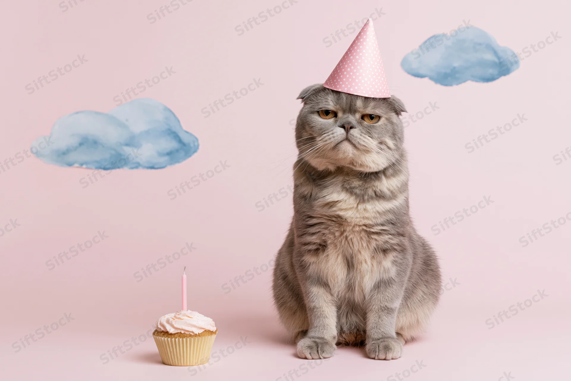 Grumpy grey scottish fold cat wearing pink party hat sitting beside cupcake with candle on pastel pink background