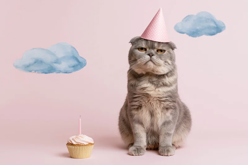 Grumpy grey scottish fold cat wearing pink party hat sitting beside cupcake with candle on pastel pink background