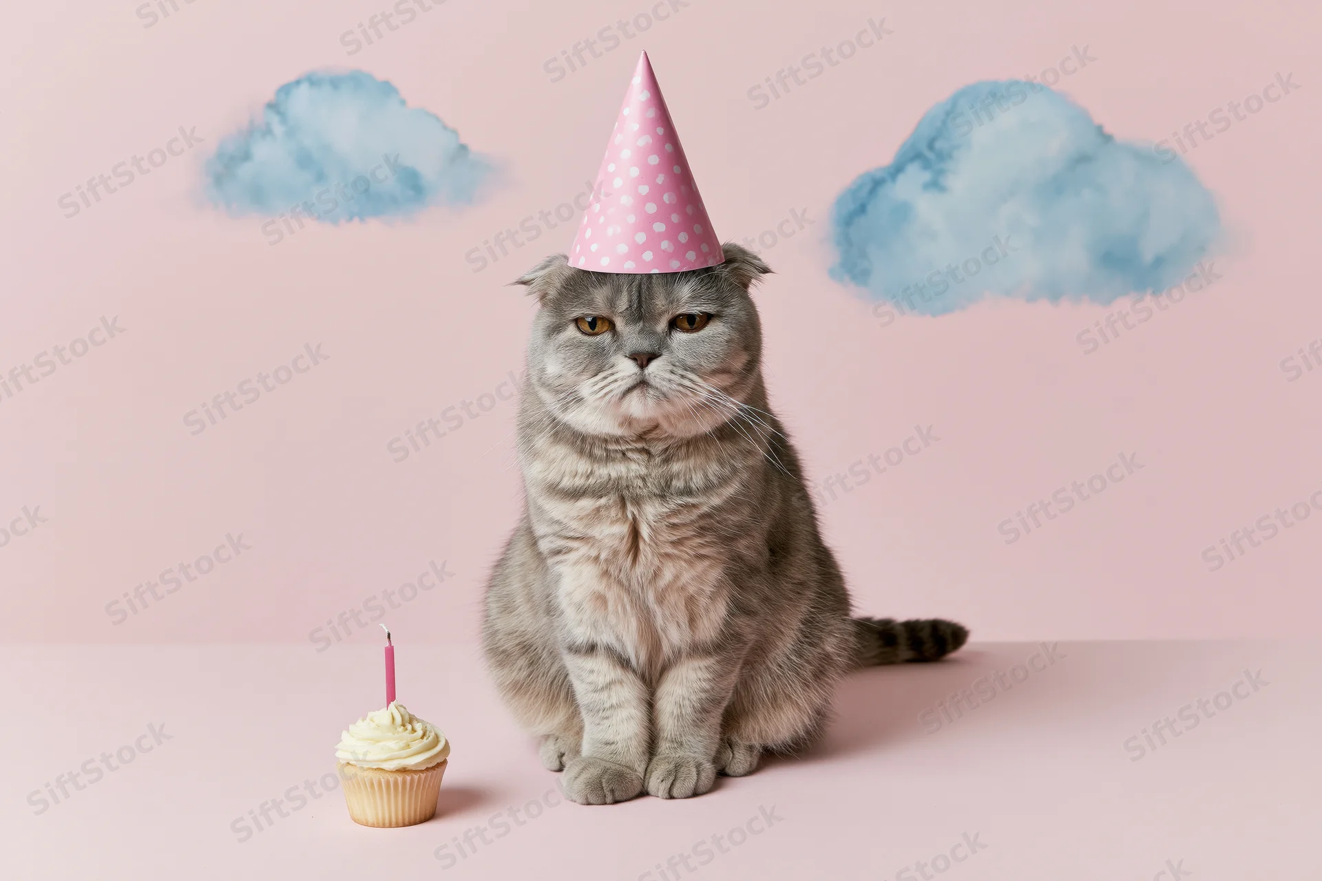 Grumpy grey scottish fold cat wearing pink party hat sitting beside cupcake with candle on pastel pink background with blue clouds