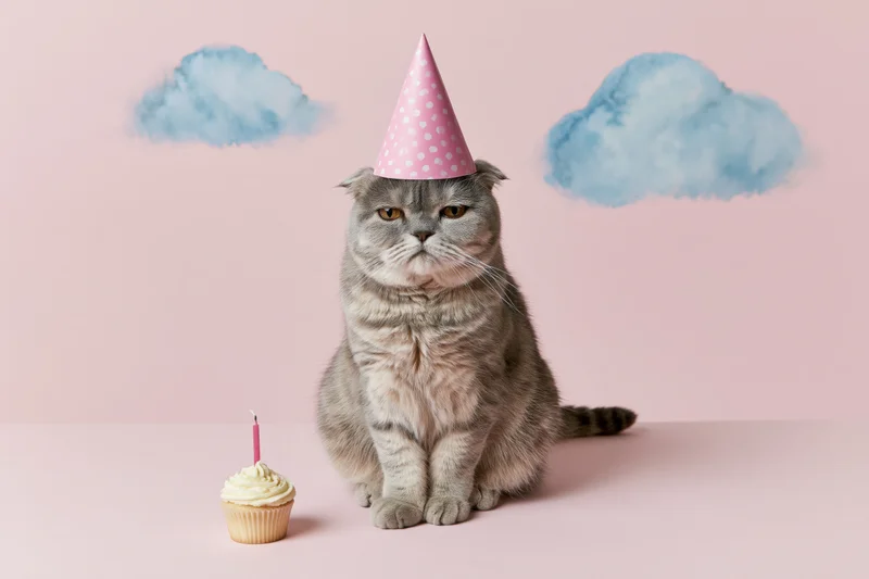 Grumpy grey scottish fold cat wearing pink party hat sitting beside cupcake with candle on pastel pink background with blue clouds