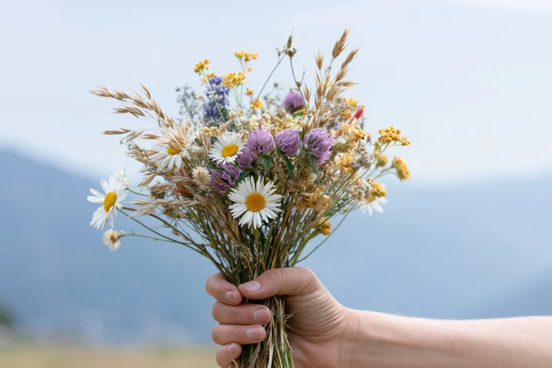 Hand holding a loose wildflower bouquet with daisies and lavender against a mountain backdrop