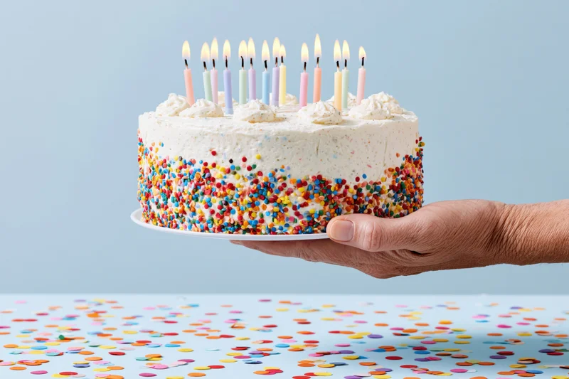 Hand holding a frosted birthday cake decorated with candles