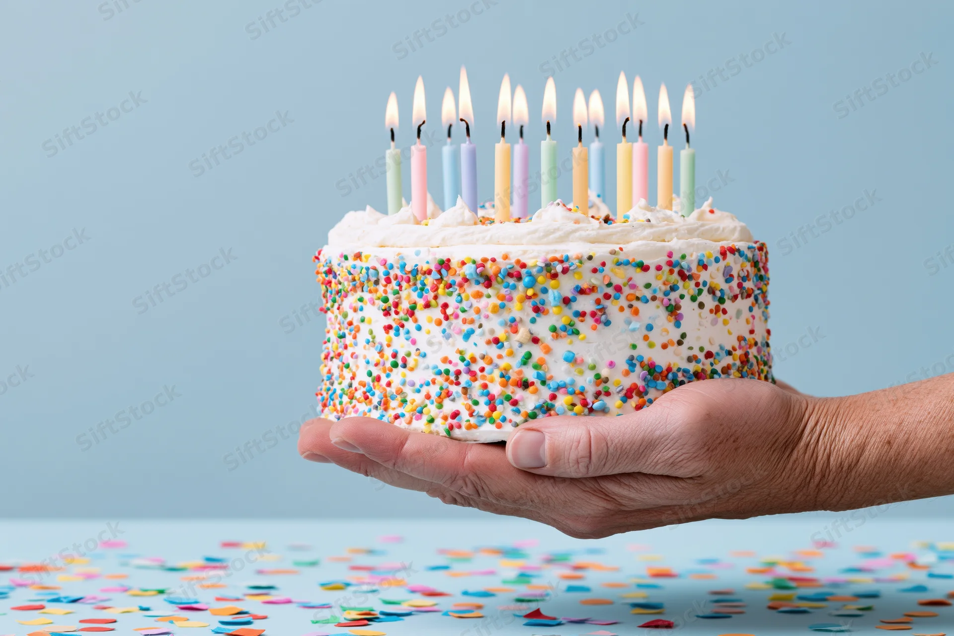 Hand holding a white frosted birthday cake with lit candles and colorful sprinkles over a blue surface with scattered confetti