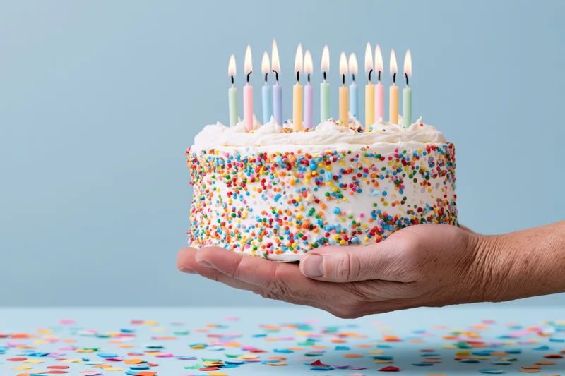 Hand holding a white frosted birthday cake with lit candles and colorful sprinkles over a blue surface with scattered confetti