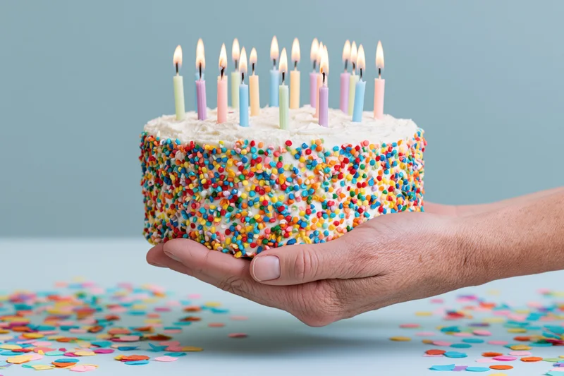 Hand holding a white frosted birthday cake with lit candles and colorful sprinkles, surrounded by scattered confetti