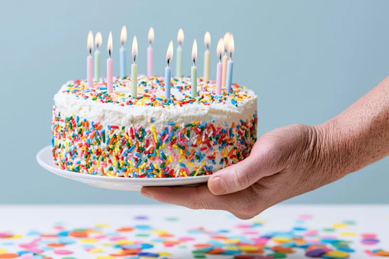 Hand holding a white frosted birthday cake with lit candles and colorful sprinkles on a plate above scattered confetti