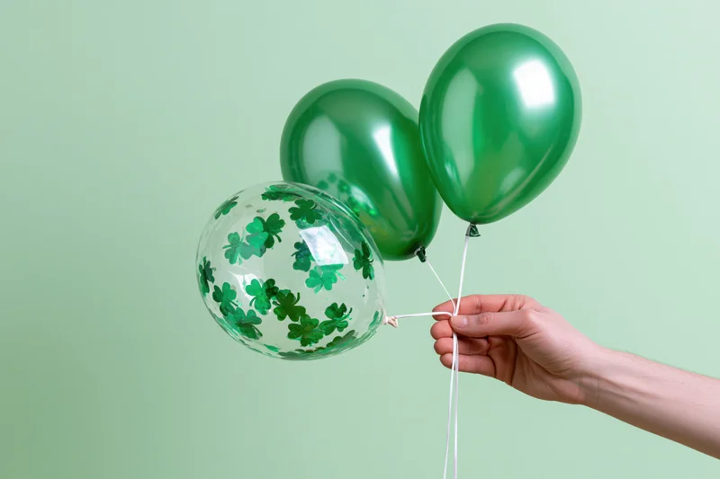 Hand holding three green balloons with shamrock pattern against light green background