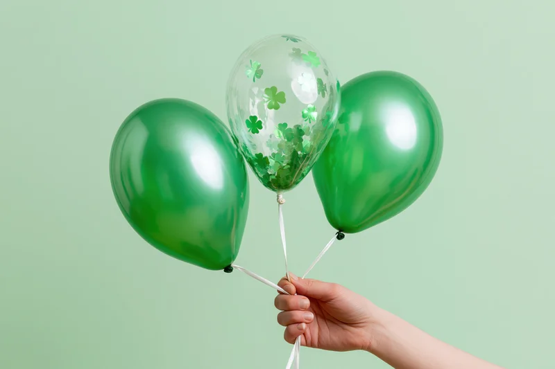 Hand holding three green balloons with shamrock confetti against light green background