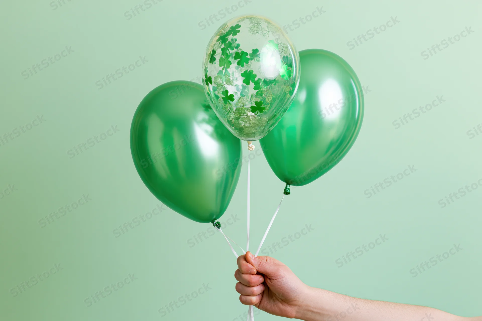 Hand holding three green balloons with shamrock pattern against light green background