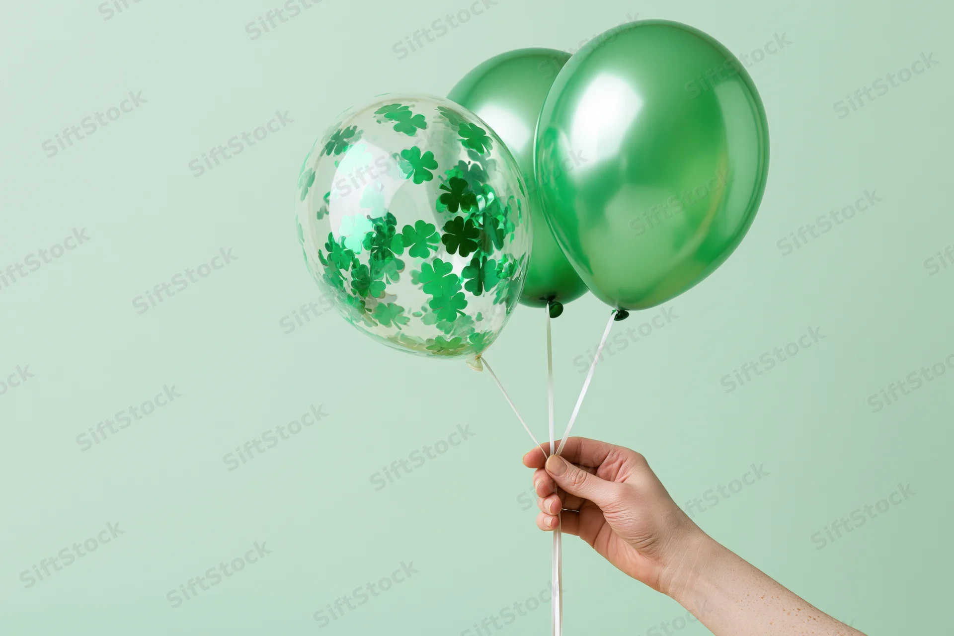 Hand holding three green balloons with shamrock confetti against a light green background