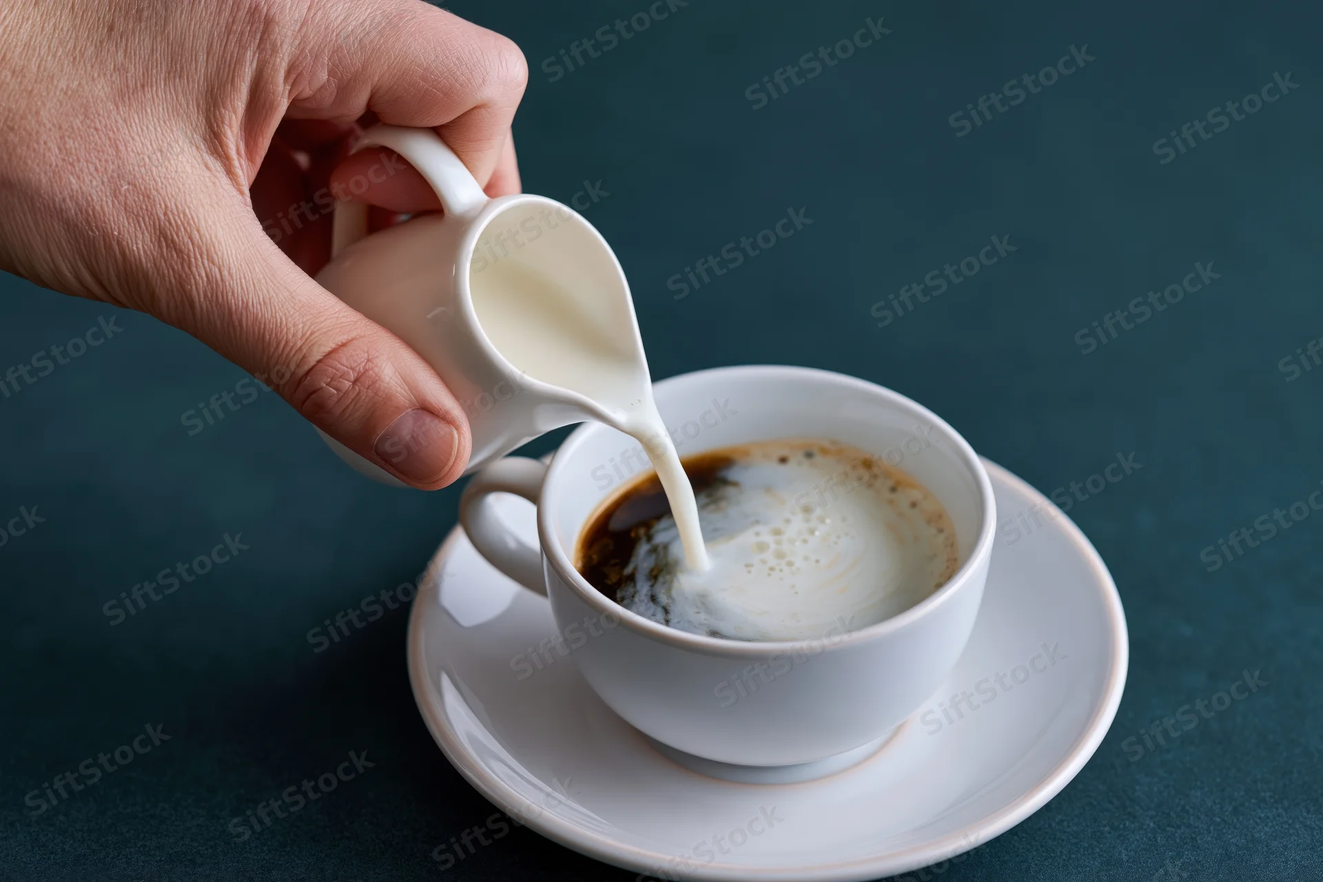 Hand pouring steamed milk into a white coffee cup on a saucer