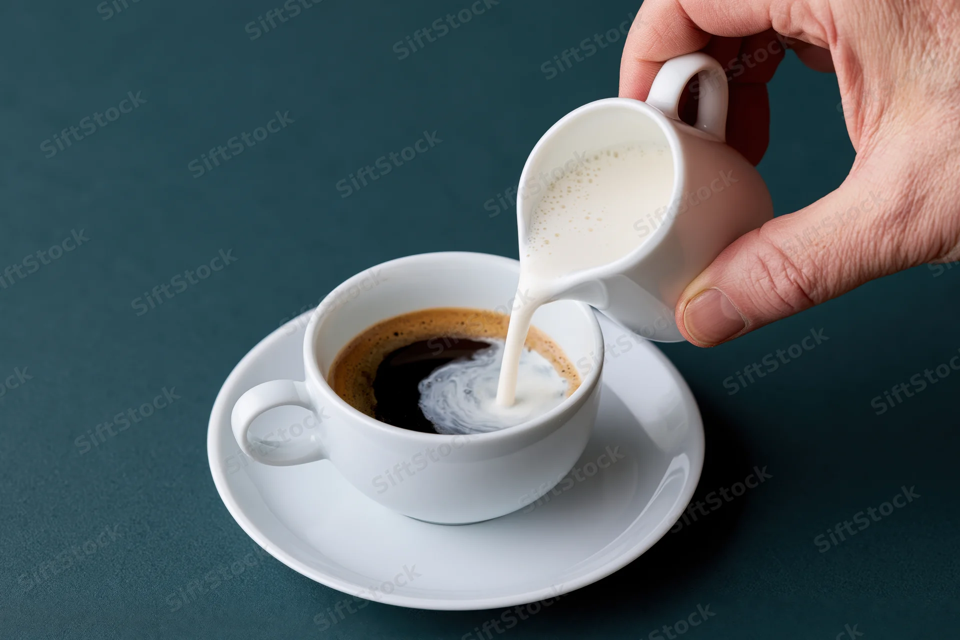 Hand pouring milk into a cup of coffee on a saucer against a dark surface