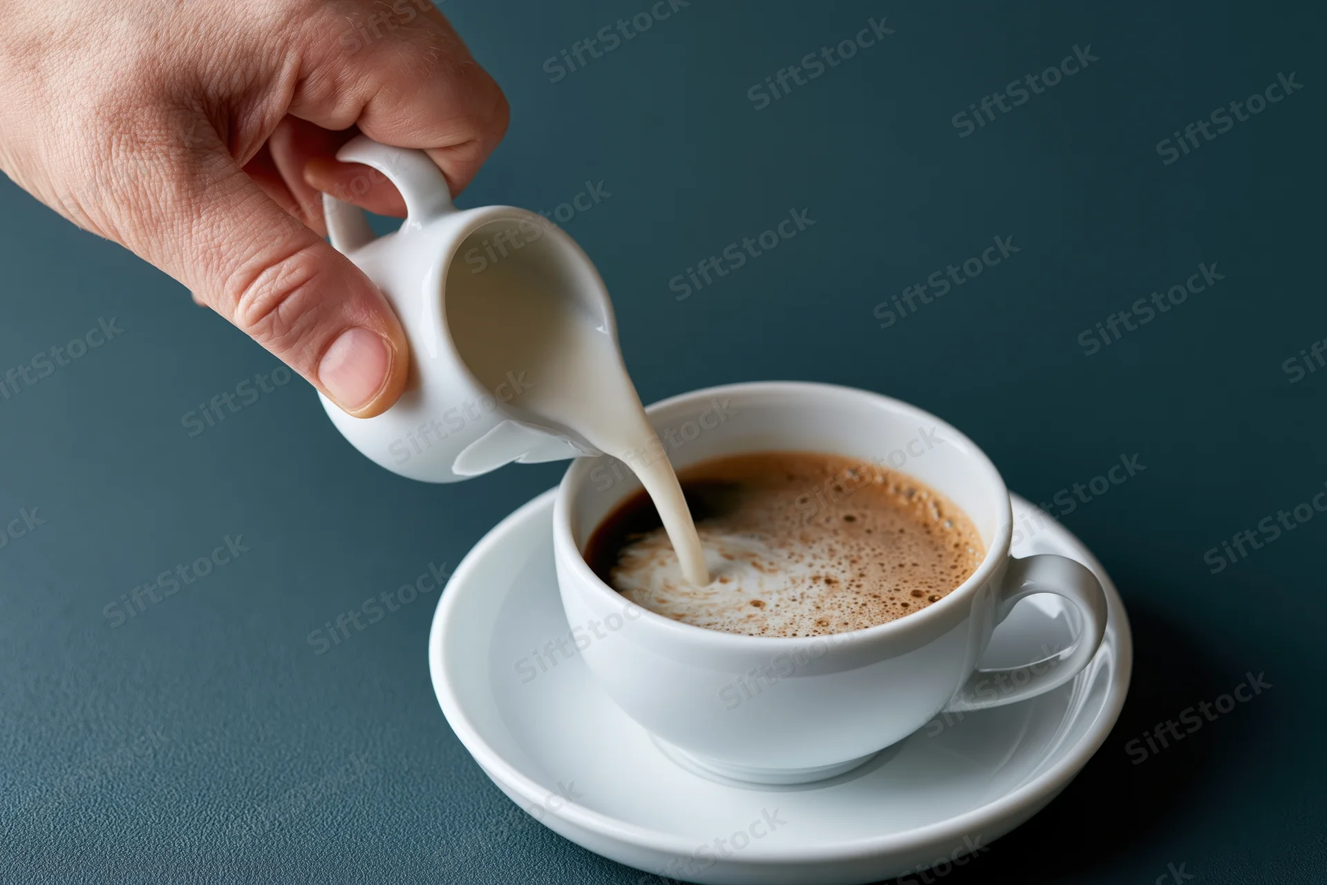 Hand pouring milk into a coffee cup on a saucer against a dark surface