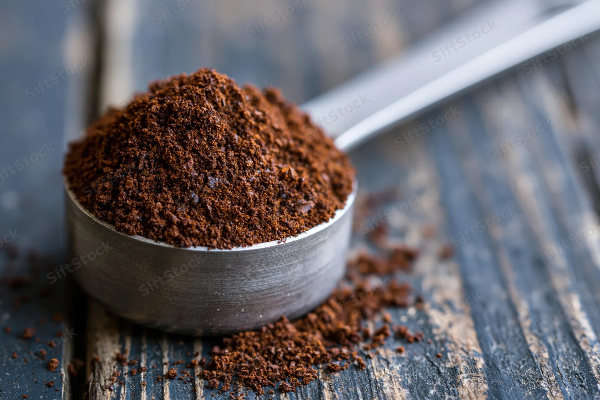 Heaping metal measuring spoon filled with coarse ground coffee resting on a dark wooden surface