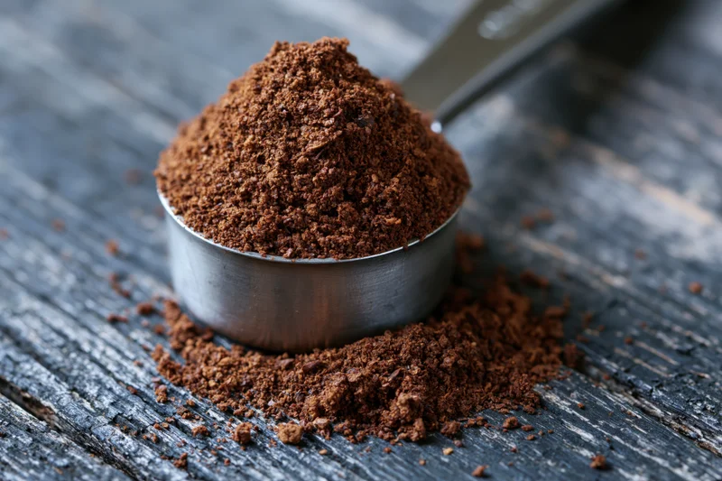 Heaping metal measuring spoon filled with coarse ground coffee on a rustic wooden surface