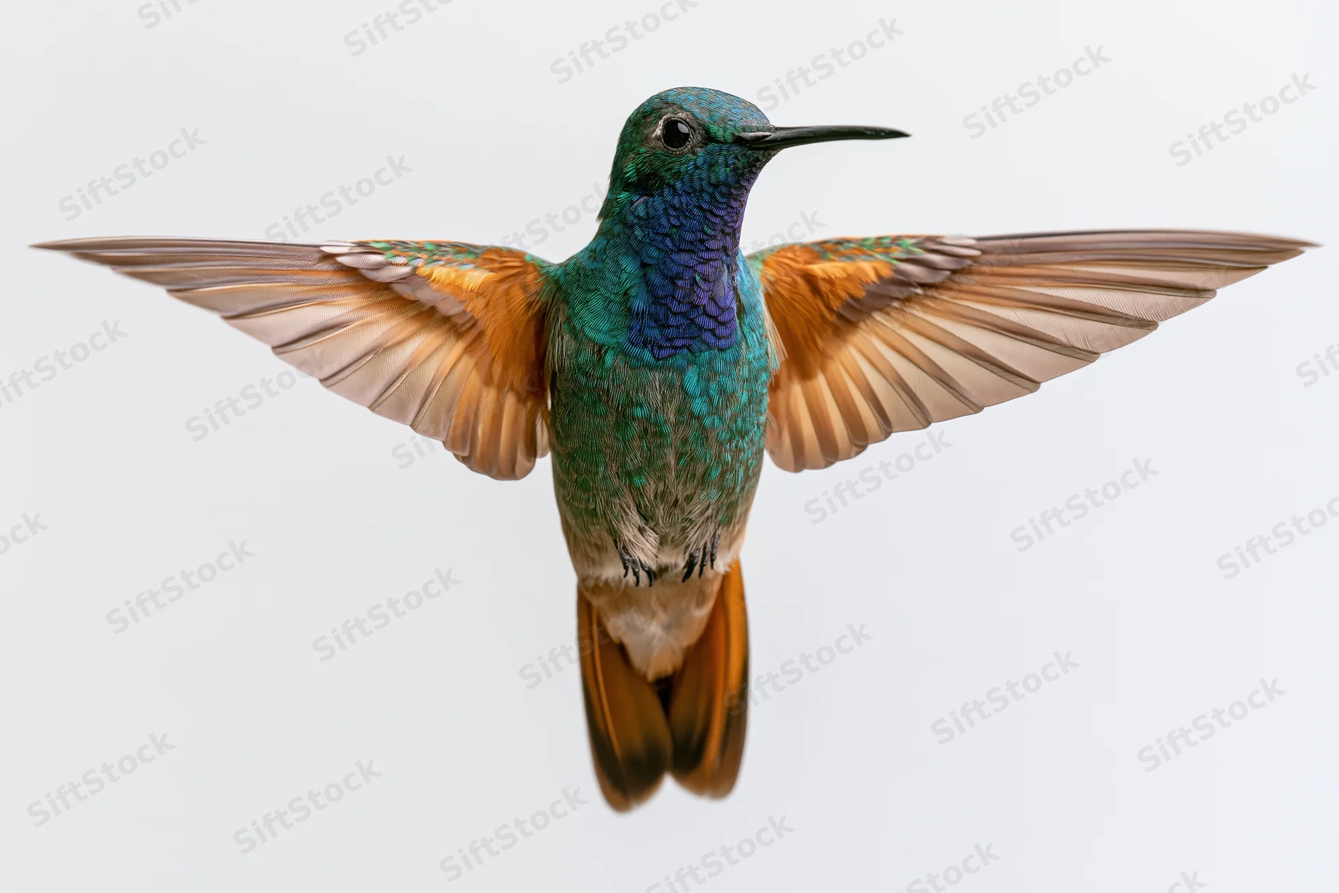 Hummingbird hovering with wings spread against white background